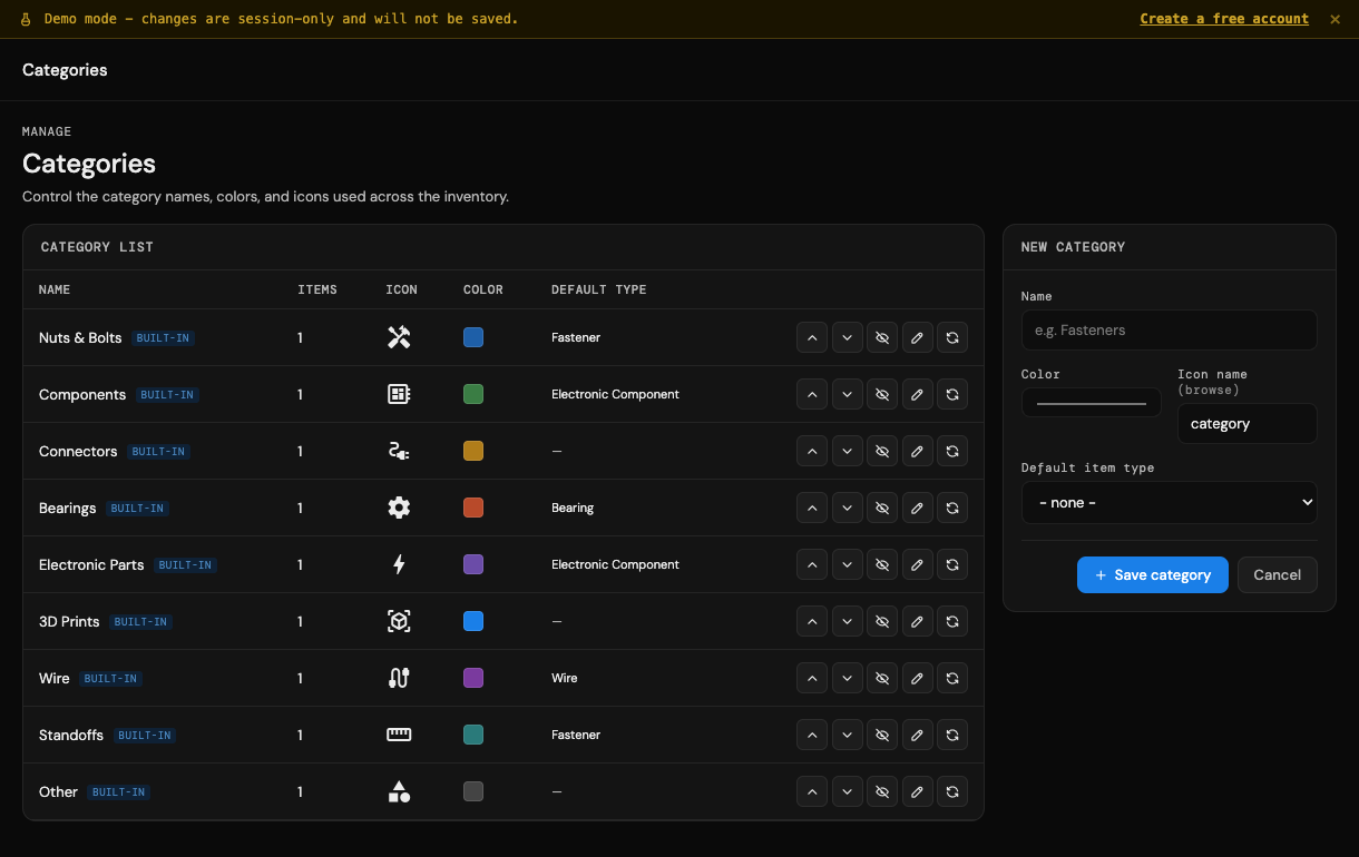 Categories page showing custom names, colours, and icons for each category