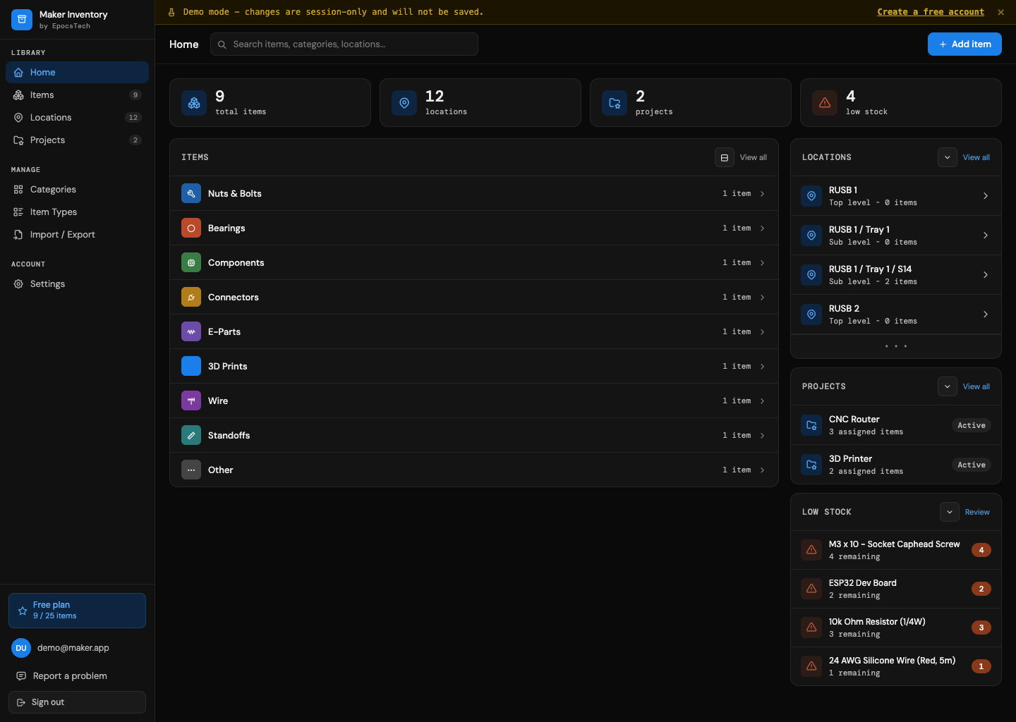Maker Inventory dashboard showing item counts, locations, projects and low-stock alerts